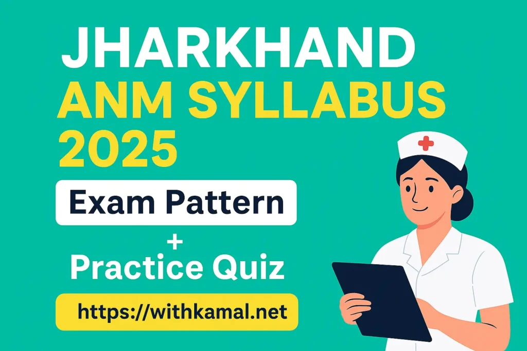 Jharkhand ANM Syllabus 2025 exam pattern and practice quiz banner with nurse illustration - WithKamal.net